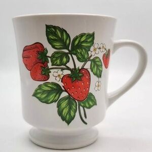 VINTAGE Korean Ceramic Strawberry Blossom Wide Handle Pedestal Mug Retro Kitchen